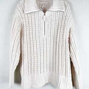 Aerie Super Cable Car Cozy Thick Knit Ivory Quarter Zip Sweater
